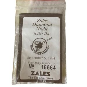 vintage Keepsake Zales Diamond Night w/ San Diego Padres on September 5, 1984.